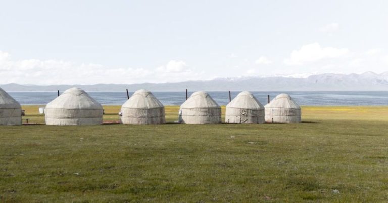 Cottages - A group of yurts in a field with the ocean in the background